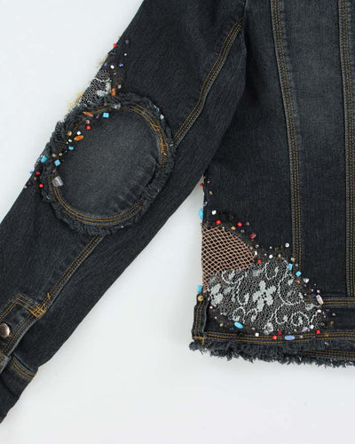 Vintage Y2K 00s Simon Chang Bedazzled Fringe Denim Jacket - M