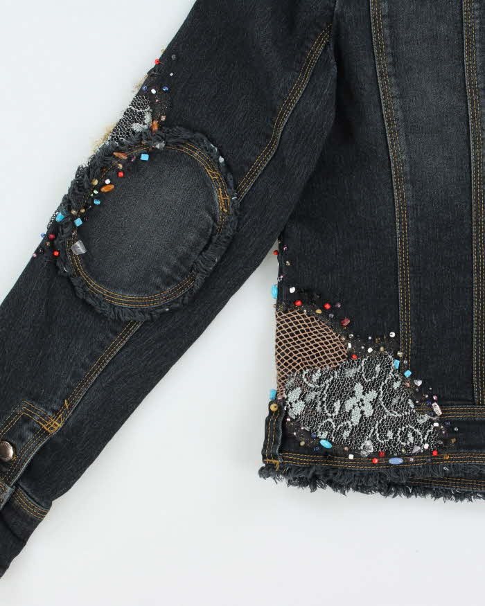 Vintage Y2K 00s Simon Chang Bedazzled Fringe Denim Jacket - M