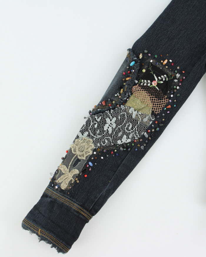 Vintage Y2K 00s Simon Chang Bedazzled Fringe Denim Jacket - M