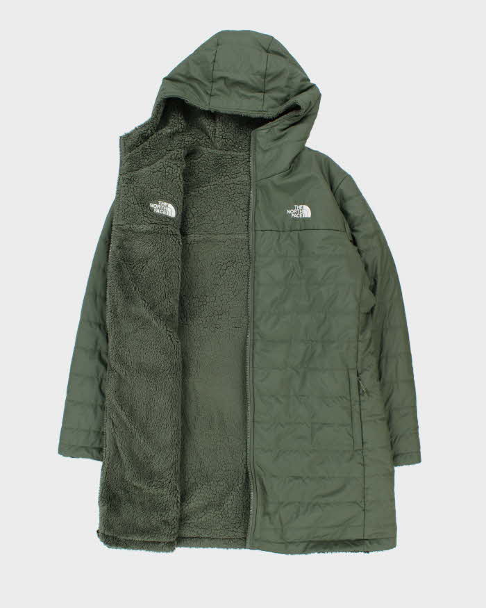 The North Face Women's Green Reversible Fleece Long Dome Hooded Puffer Jacket - XL