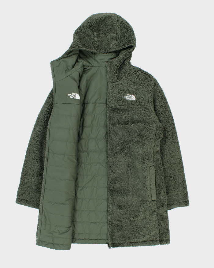 The North Face Women's Green Reversible Fleece Long Dome Hooded Puffer Jacket - XL