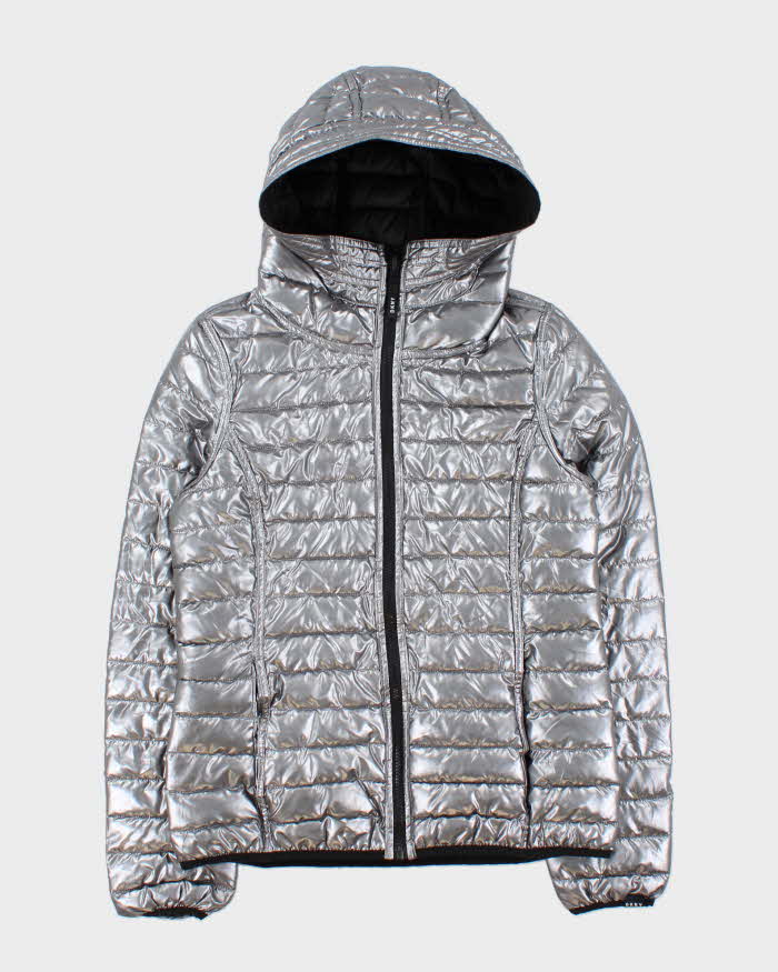 Vintage Women's DKNY Sport Silver & Black Reversible Puffer Jacket - M