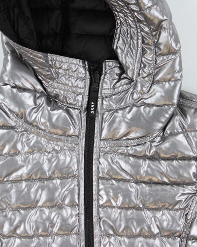 Vintage Women's DKNY Sport Silver & Black Reversible Puffer Jacket - M