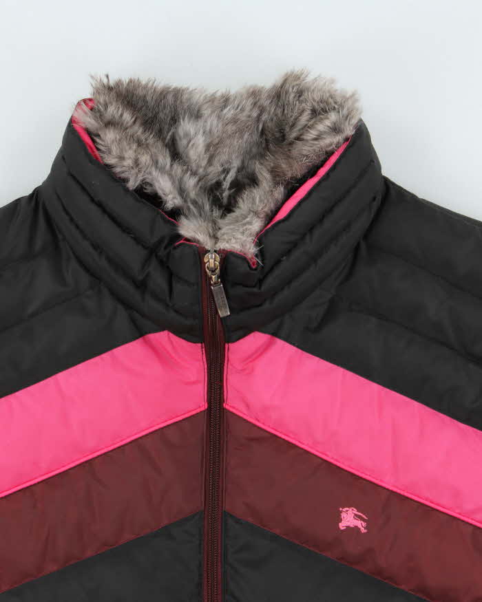 Vintage Women's Y2K 00s Burberry Black Label Down Filled Nova Check Lined Fur Trim Collared Puffer Jacket - M