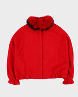 Vintage Women's Wieying Wool Cashmere Blend Fur Collared Oversized Boxy Jacket - XXL