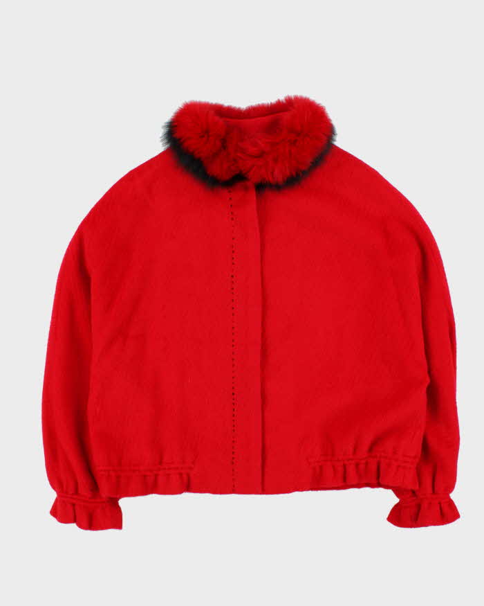 Vintage Women's Wieying Wool Cashmere Blend Fur Collared Oversized Boxy Jacket - XXL