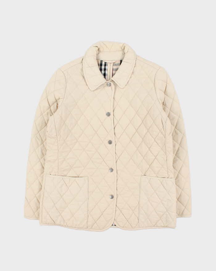 Vintage Women's Y2K 00s Burberry Cream Quilted Collared Jacket - L