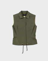 Vintage Y2K 00s Tomaso Stefanelli Silk Blend Khaki Utility Snap Button Vest Jacket - M