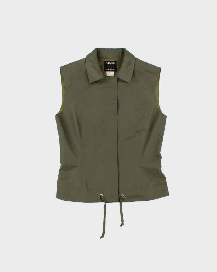 Vintage Y2K 00s Tomaso Stefanelli Silk Blend Khaki Utility Snap Button Vest Jacket - M