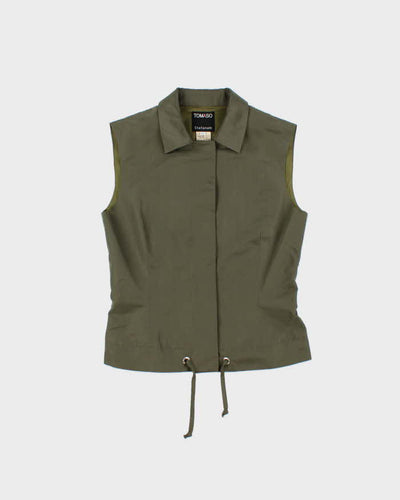 Vintage Y2K 00s Tomaso Stefanelli Silk Blend Khaki Utility Snap Button Vest Jacket - M