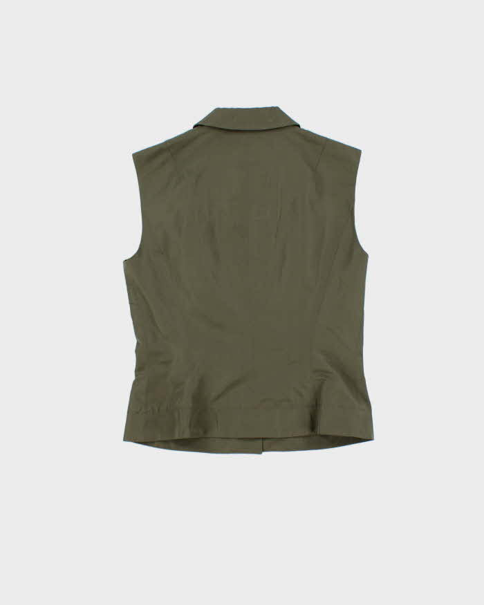 Vintage Y2K 00s Tomaso Stefanelli Silk Blend Khaki Utility Snap Button Vest Jacket - M