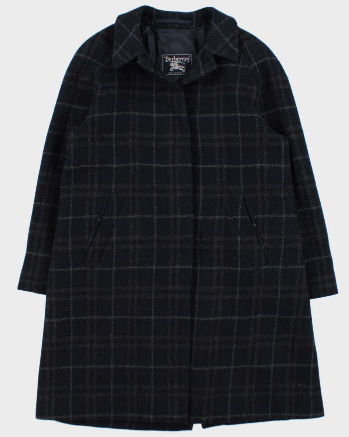 Vintage 1990s Women's Navy Burberry Nova Check Wool Overcoat - M