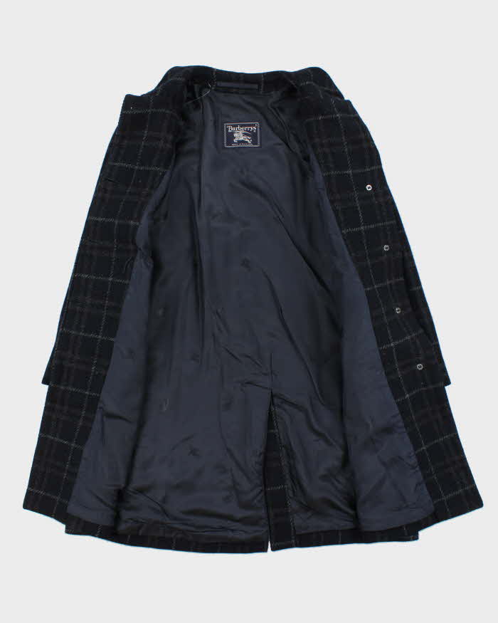 Vintage 1990s Women's Navy Burberry Nova Check Wool Overcoat - M