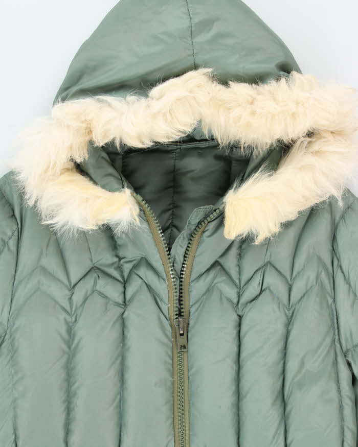 Vintage 1970s Khaki Goose Down Faux Fur Women's Hooded Puffer Parka - XL