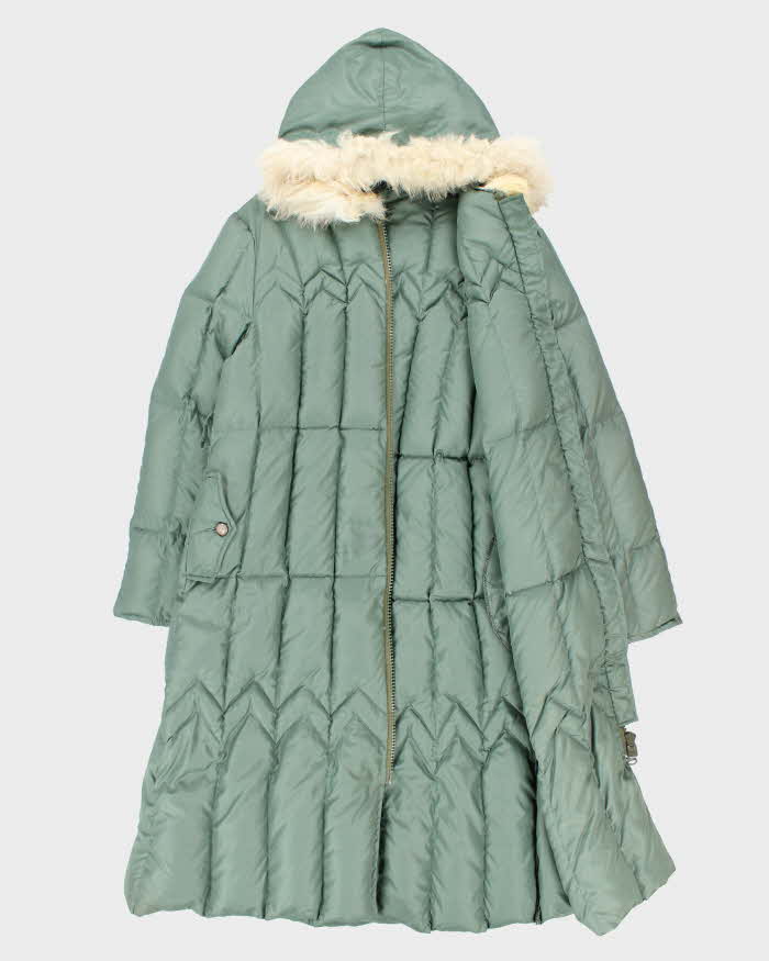 Vintage 1970s Khaki Goose Down Faux Fur Women's Hooded Puffer Parka - XL