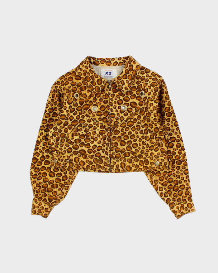 Vintage 90s K2 Leopard Print Eyelet Detail Cropped Denim Jacket - S