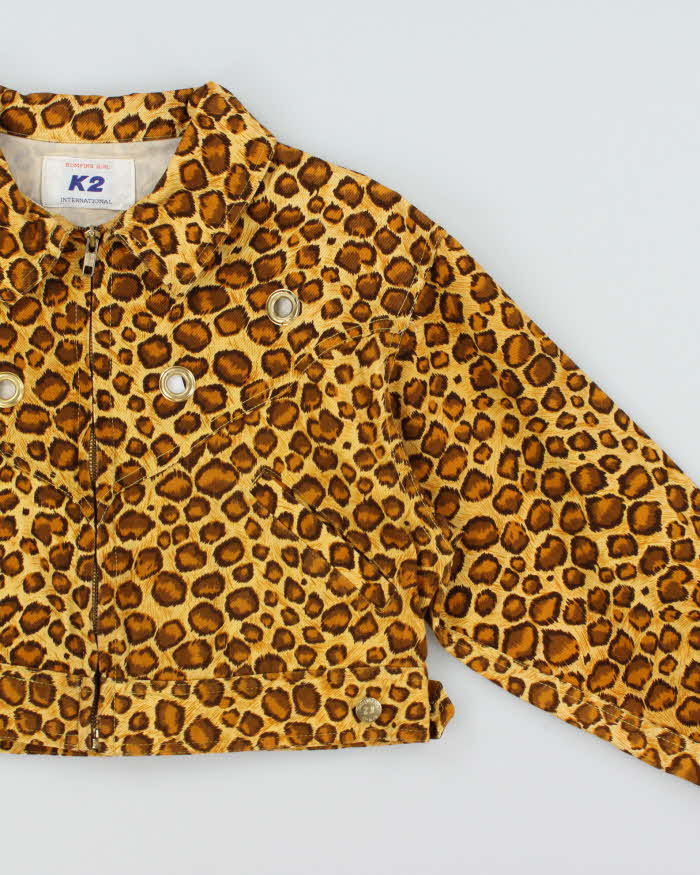 Vintage 90s K2 Leopard Print Eyelet Detail Cropped Denim Jacket - S
