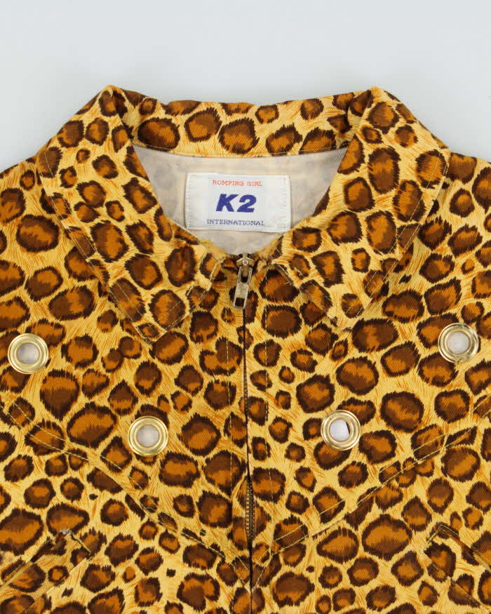 Vintage 90s K2 Leopard Print Eyelet Detail Cropped Denim Jacket - S