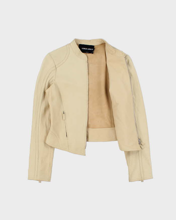 Vintage 1990s Giorgio Armani Borgi 21 Silk Lined Lambskin Leather Women's Cafe Racer Jacket - S