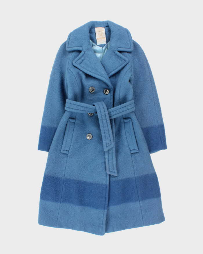 Vintage 1970s Hudson's Bay Company Blue Point Blanket Union Made In Canada Women's Wool Double Breasted Belted Coat - S