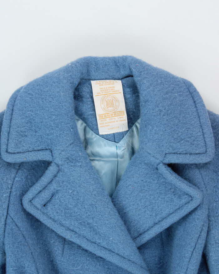 Vintage 1970s Hudson's Bay Company Blue Point Blanket Union Made In Canada Women's Wool Double Breasted Belted Coat - S