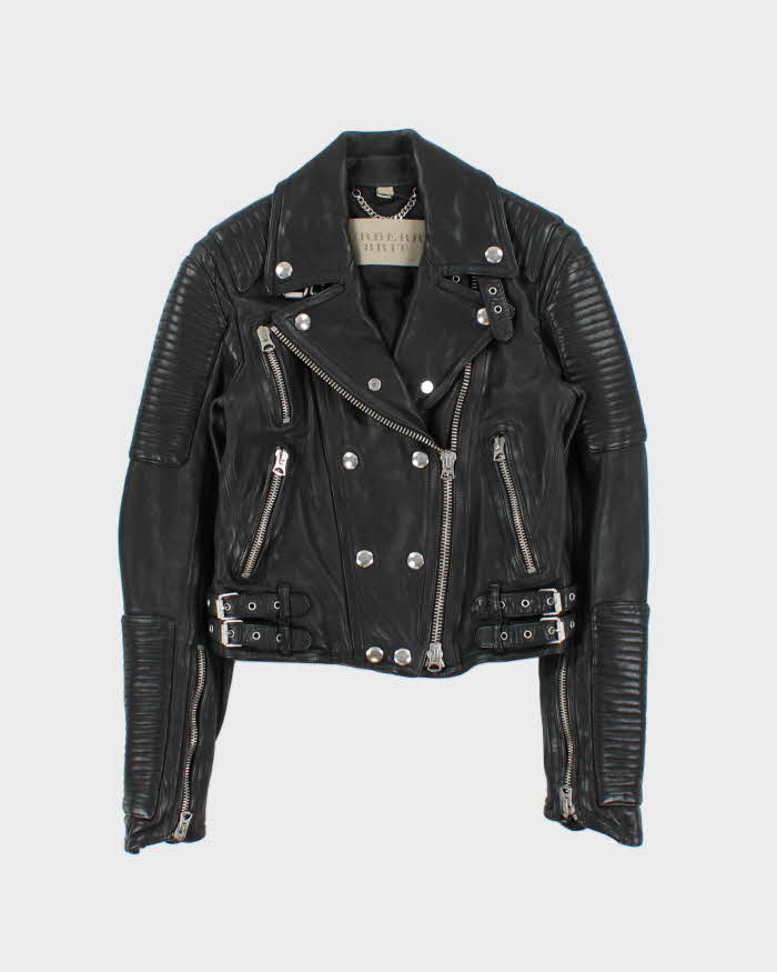 AW2015 Burberry Brit Prosum Loseley Runway Women's Lamb Leather Iconic Cafe Racer Biker Jacket - S