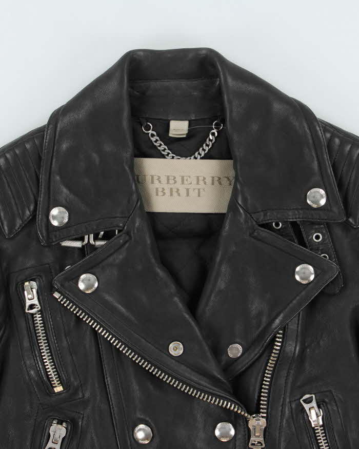 AW2015 Burberry Brit Prosum Loseley Runway Women's Lamb Leather Iconic Cafe Racer Biker Jacket - S