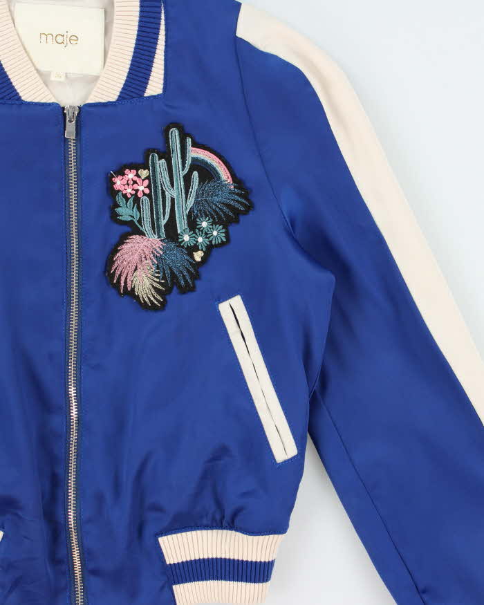 Maje Women's Embroidered Satin Cropped Varsity Bomber Jacket - S