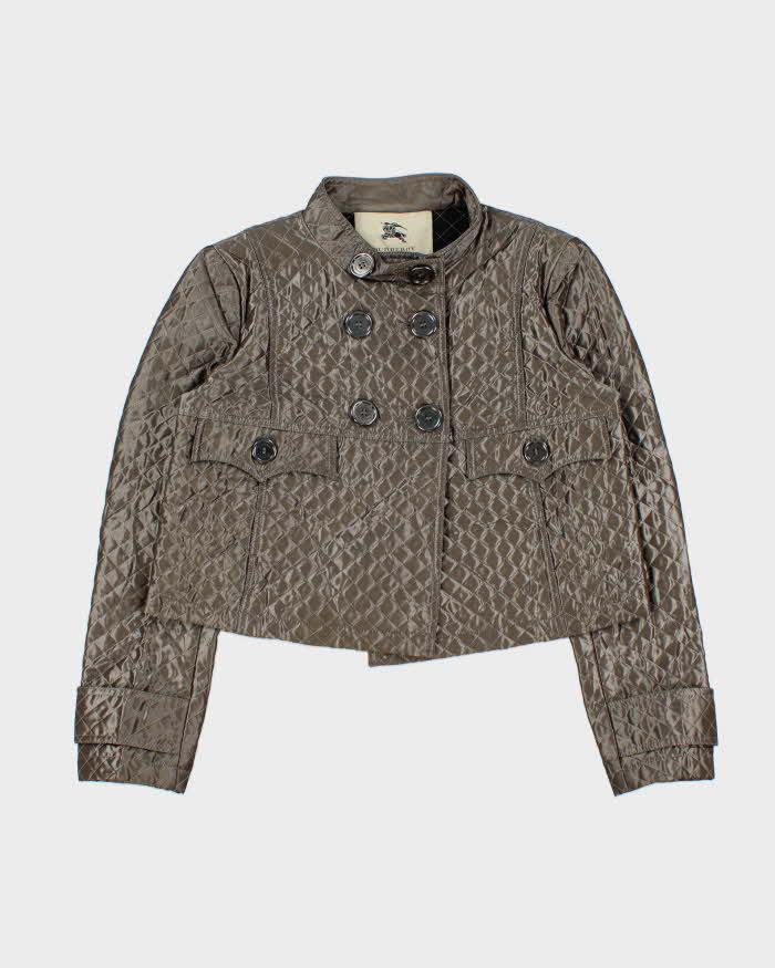 Vintage Burberry Women's Satin Quilted Cropped Pewter Jacket - S
