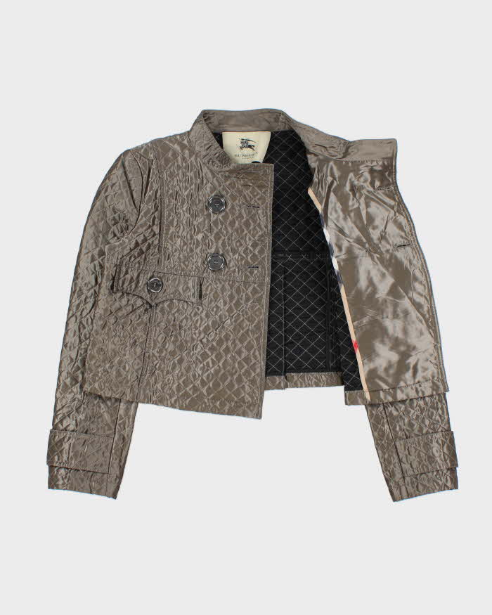 Vintage Burberry Women's Satin Quilted Cropped Pewter Jacket - S
