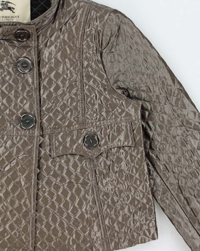 Vintage Burberry Women's Satin Quilted Cropped Pewter Jacket - S