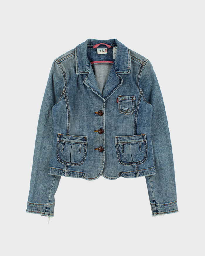 Vintage Y2K 00s Levi's Women's Embroidered Light Wash Cropped Denim Blazer - M