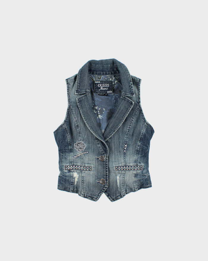 Vintage Y2K 00s Guess Jeans Women's Embroidered Embellished Denim Waistcoat Vest - M