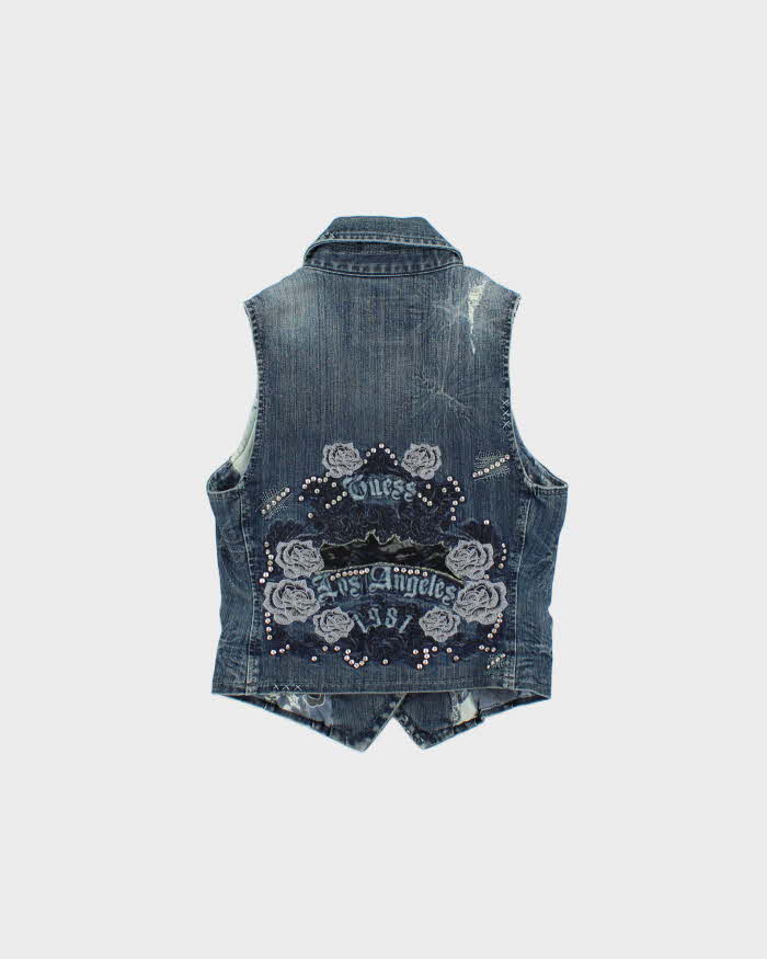 Vintage Y2K 00s Guess Jeans Women's Embroidered Embellished Denim Waistcoat Vest - M