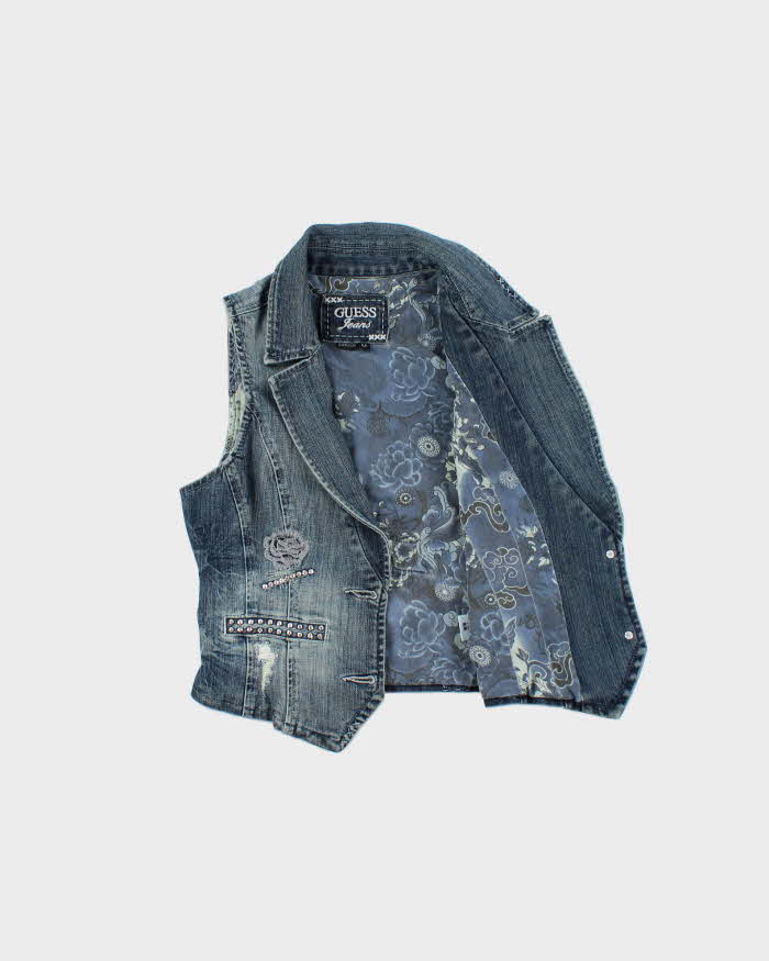 Vintage Y2K 00s Guess Jeans Women's Embroidered Embellished Denim Waistcoat Vest - M