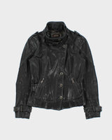 Vintage Y2K 00s Danier Women's Contrast Stitch Italian Leather Belted Moto Jacket - S