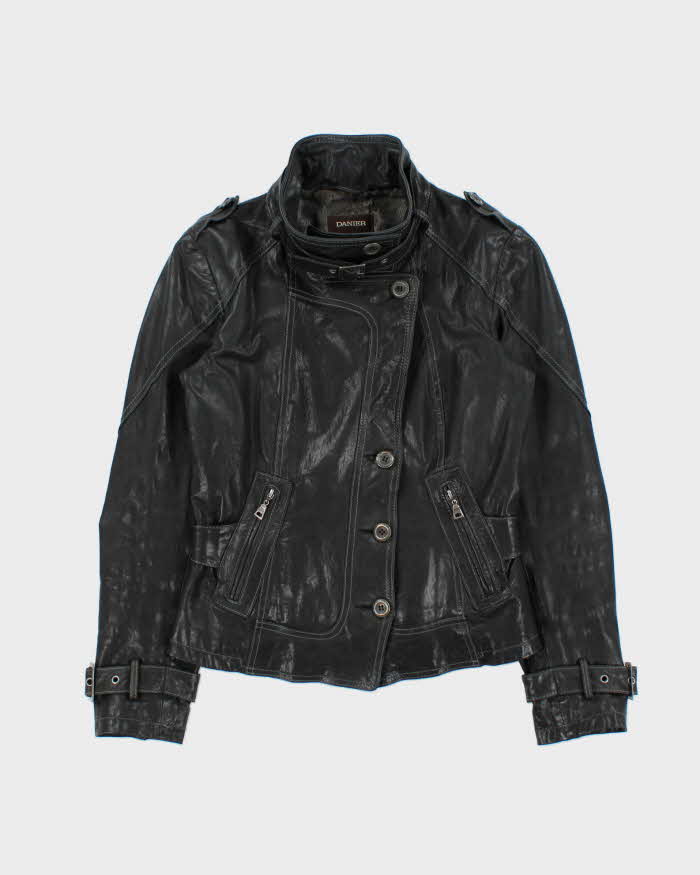 Vintage Y2K 00s Danier Women's Contrast Stitch Italian Leather Belted Moto Jacket - S