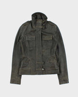 Vintage Y2K 00s Danier Women's Moss Green Contrast Stitch Leather Moto Jacket - XS