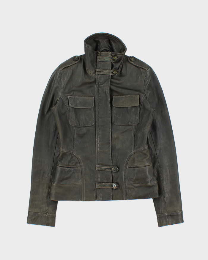 Vintage Y2K 00s Danier Women's Moss Green Contrast Stitch Leather Moto Jacket - XS