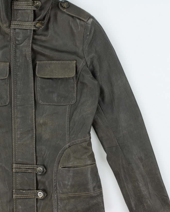 Vintage Y2K 00s Danier Women's Moss Green Contrast Stitch Leather Moto Jacket - XS