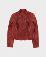 Vintage Y2K 00s Danier Women's Burnt Orange-Red Italian Leather Cafe Racer Moto Jacket - XS