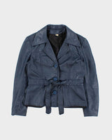 Vintage 1970s Women's Made In Canada Metallic Blue Belted Leather Jacket - XS