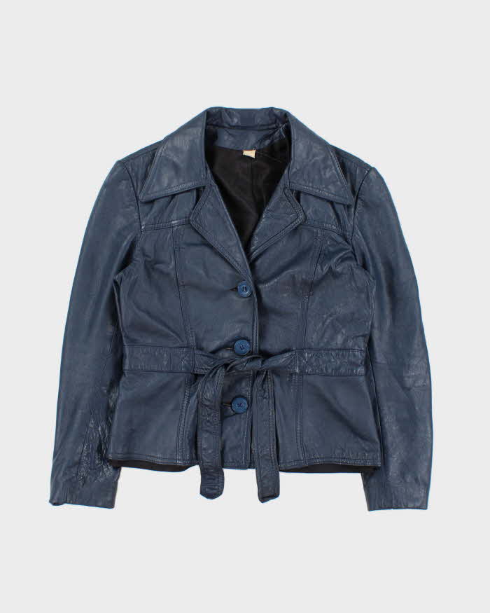 Vintage 1970s Women's Made In Canada Metallic Blue Belted Leather Jacket - XS
