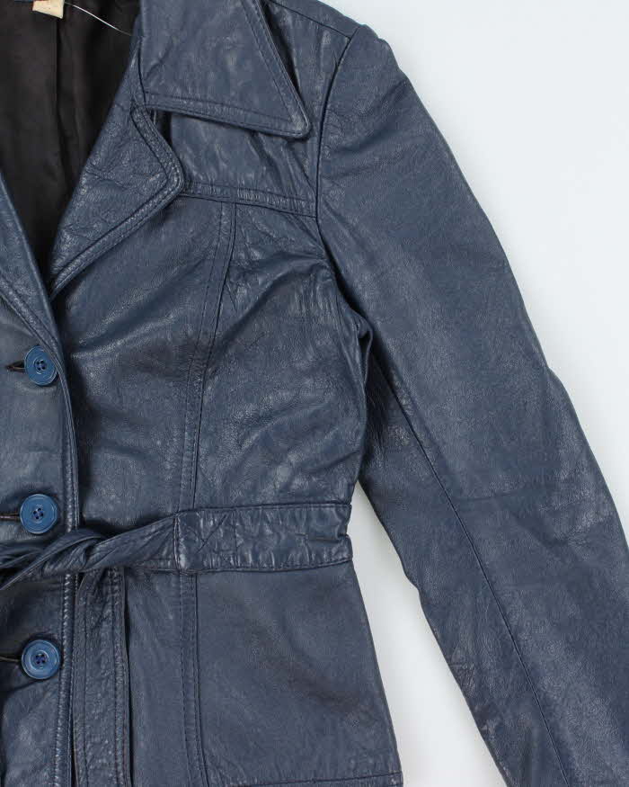 Vintage 1970s Women's Made In Canada Metallic Blue Belted Leather Jacket - XS