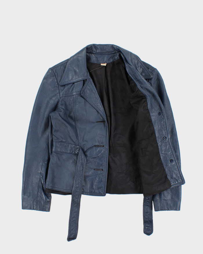 Vintage 1970s Women's Made In Canada Metallic Blue Belted Leather Jacket - XS