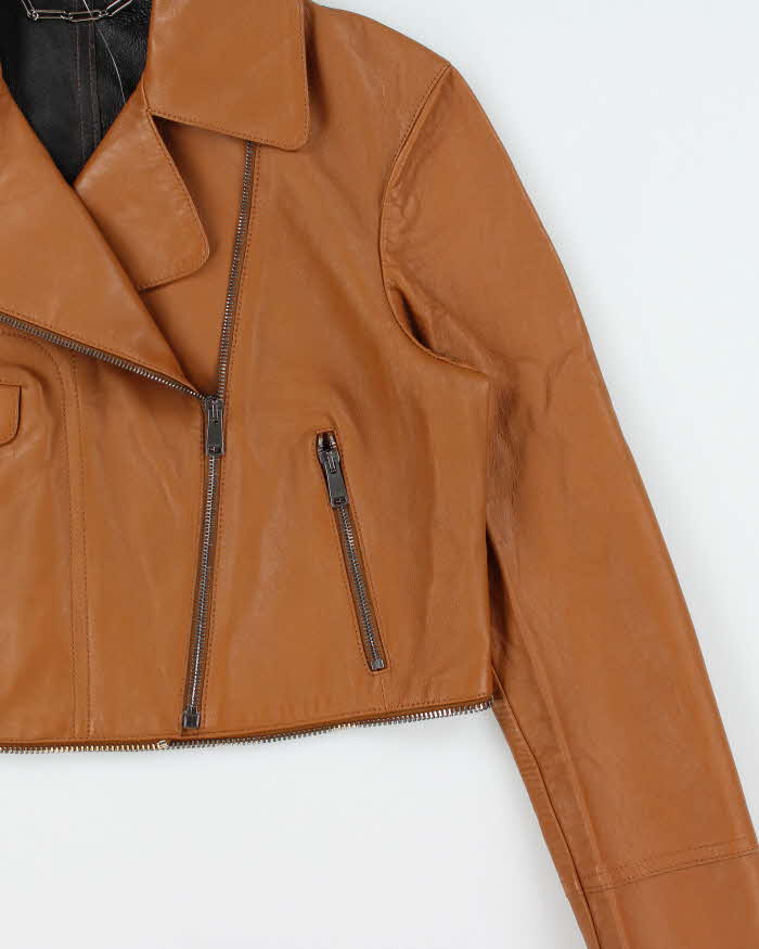 2016 Belstaff Women's Tan Italian Calfskin Leather Cropped Classic Moto Biker Jacket - S