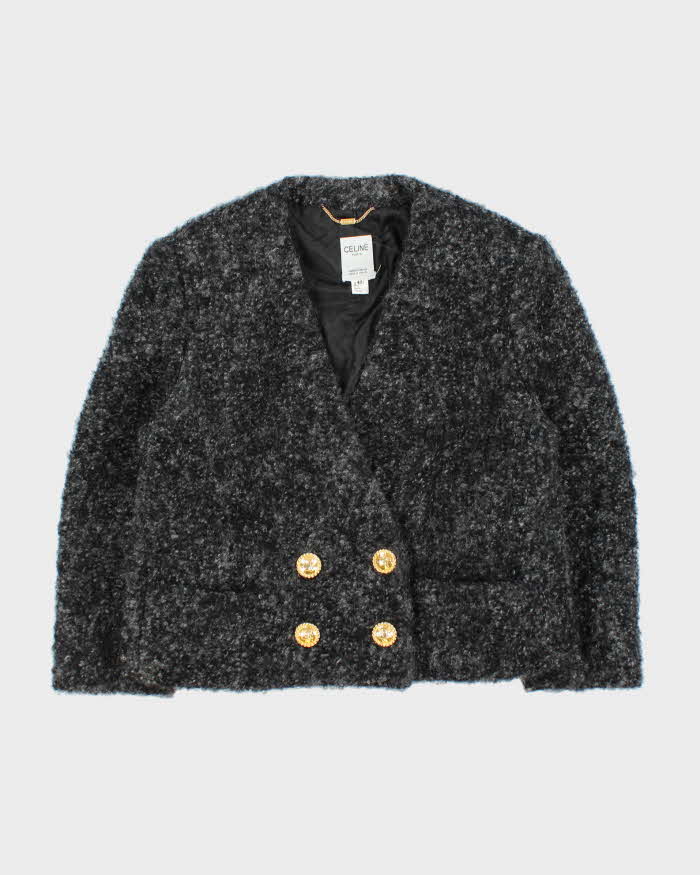 Vintage FW1998 Celine Paris Runway Women's Wool Cropped Double Breasted Triomphe Tweed Evening Jacket - S