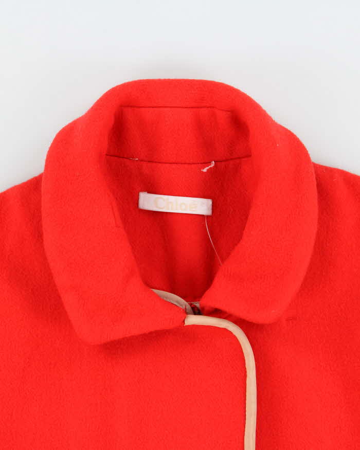 Vintage FW2005 Chloe Women's Bright Red Wool Blend Silk Trim Oversized Blanket Coat - L