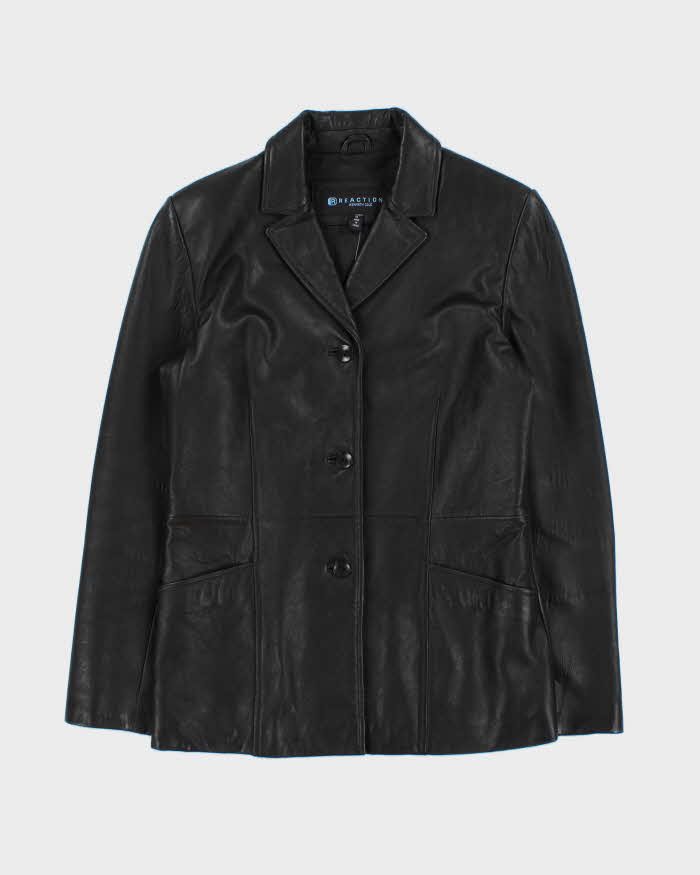 Vintage Y2K 00s Kenneth Cole Reaction Women's Mid Length Button Front Calfskin Leather Jacket - M