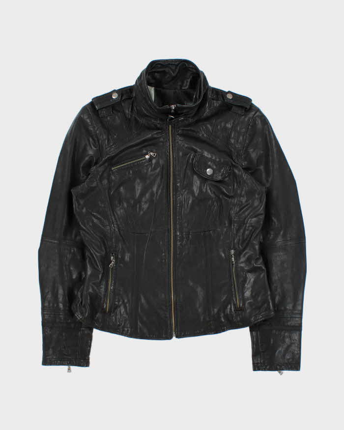 Vintage Y2K 00s Danier Women's Funnel Neck Italian Leather Cafe Racer Moto Jacket - M